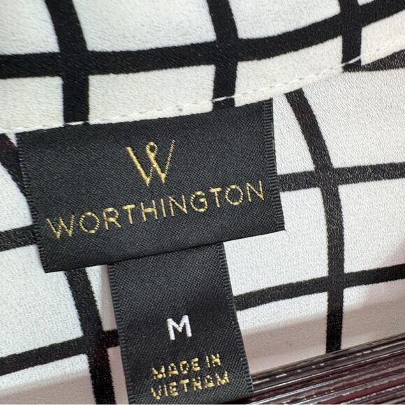 Worthington Windowpane Check Chiffon V Neck Blouse White Black Medium - Picture 8 of 11